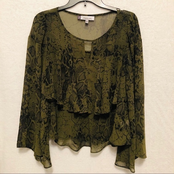 Jennifer Lopez Olive Green Snakeskin Ruffle Bell Long Sleeve Blouse Size XS - Picture 3 of 11